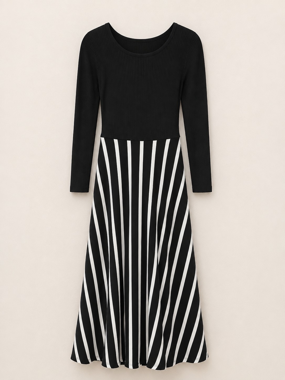 SHEIN Black Long Sleeve Ribbed Bodice Striped A-Line Midi Dress